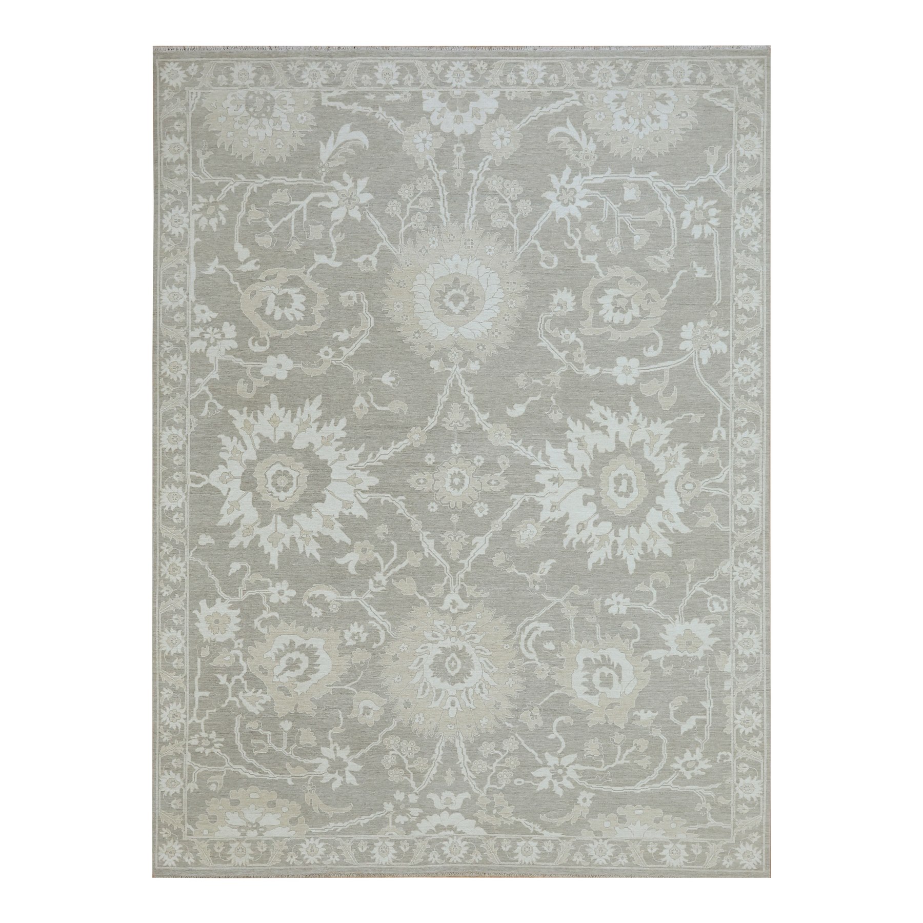 Fossil Gray, Ziegler Mahal Large Flowers Design, Tone on Tone, Zero Pile, 100% Wool, Hand Knotted, Dense Weave, Oriental Rug